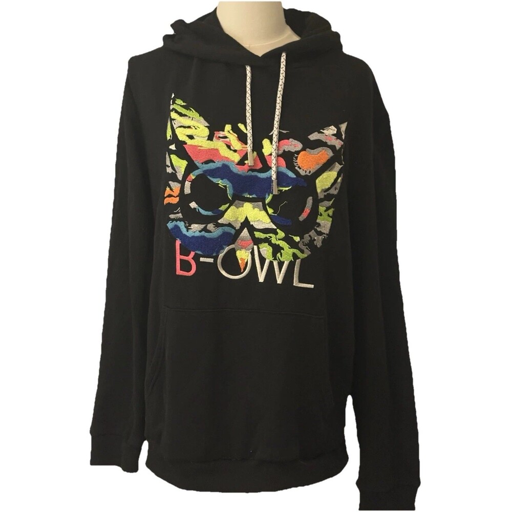 B-OWL Black Embroidered Graphic Hoodie Large 100% Cotton Streetwear Pullover